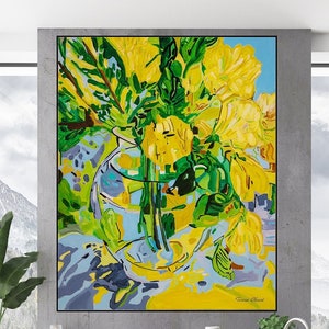 Large Yellow Flowers Abstract Giclée Wall Art Prints, Floral Joyful and Colorful Extra Large Abstract Print for Modern House Decor