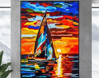 Abstract Sailboat Painting: Colorful Ocean Canvas Wall Art