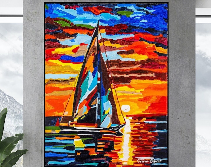 Abstract Sailboat Painting: Colorful Ocean Canvas Wall Art