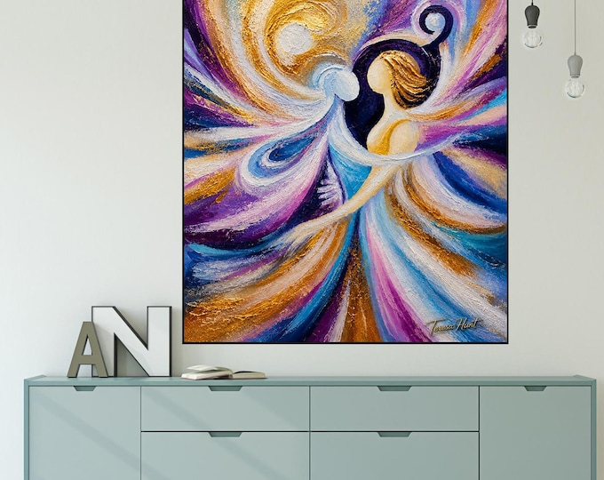 Abstract Angel Painting | Romantic Contemporary Wall Art | Purple Gold Blue Canvas Print | Spiritual Couple Artwork by Teresa Hunt