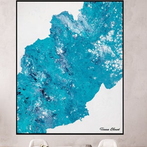 Blue Fluid Art Painting, Teal & Turquoise Ocean Waves, Calming Abstract Wall Art Print for Home Office Decor