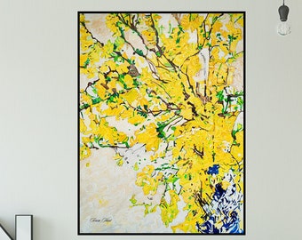 Yellow Flowers Abstract Painting, Yellow Hand Painted Wall Art, Botanical Art Flower Painting on Canvas, Yellow Floral Modern Art Print