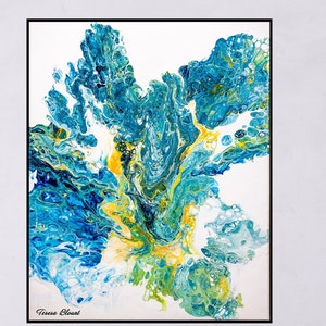 Blue and Yellow Abstract Wall Art, Turquoise and Mustard Wall Art Decor, Teal Abstract Office Wall Decor Giclee Print or Canvas Fluid Art