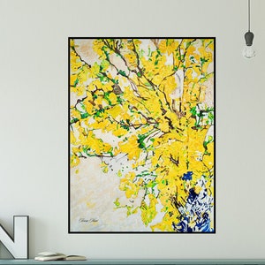 Yellow Flowers Abstract Painting, Yellow Hand Painted Wall Art, Botanical Art Flower Painting on Canvas, Yellow Floral Modern Art Print