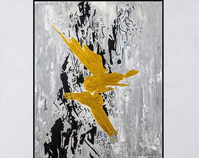 Black, White & Gold Birds Giclee Print: Modern Abstract Art