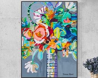 Abstract Floral Art Painting: Colorful Flower Bouquet Giclee Canvas