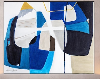 Blue & Black Geometric Art Print: Mid Century Modern Canvas