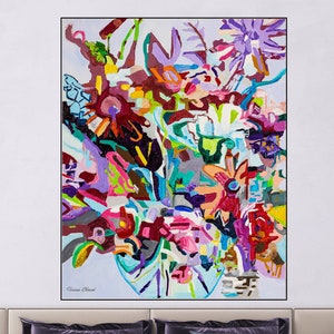 ABSTRACT FLOWER PAINTING,Vivid Flower Print-Flower Bouquet Art, Abstract Canvas Art-Vase Flower Painting,Flower Wall Art-Multicolor Wall Art