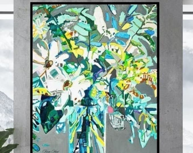 Floral Giclee Print: Abstract Flower Vase Oil Painting on Canvas