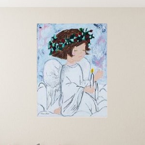 GICLEE PRINT Art Abstract Angel Painting White Blue Gold Home Decor Gift Wall Art Guardian Angel White Acrylic Painting Spiritual Girl Angel
