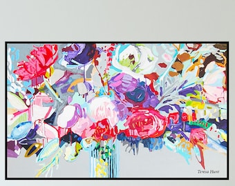Abstract Floral Vase Painting: Vivid Colors Bouquet Art Print on Canvas (30x48x1.5)