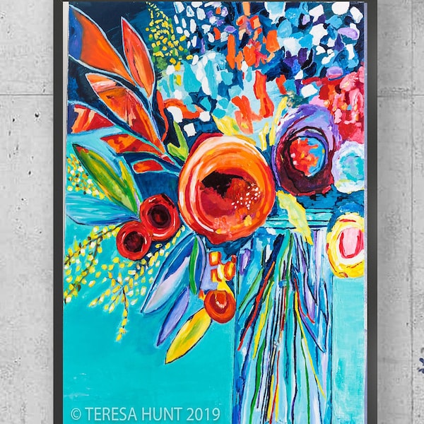 Abstract Floral Art Print: Vivid Colorful Flower Bouquet Canvas
