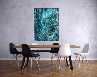 Grote abstracte kunst Giclee print teal blauw witte oker, abstracte schilderkunst op canvas, abstracte canvas print, abstracte kunst print