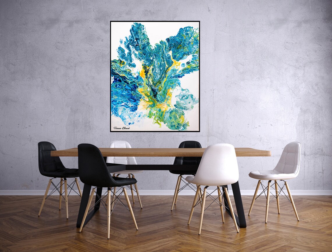 Blue and Yellow Abstract Wall Art, Turquoise and Mustard Wall Art Decor