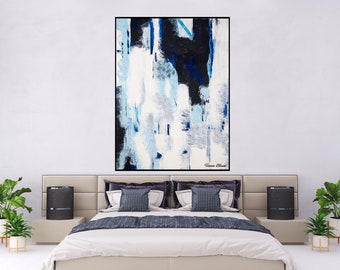 White and Blue Abstract Art Painting, Modern Minimalist Painting Giclee Print or Canvas, Home Office Entryway Hallway Contemporary Wall Art