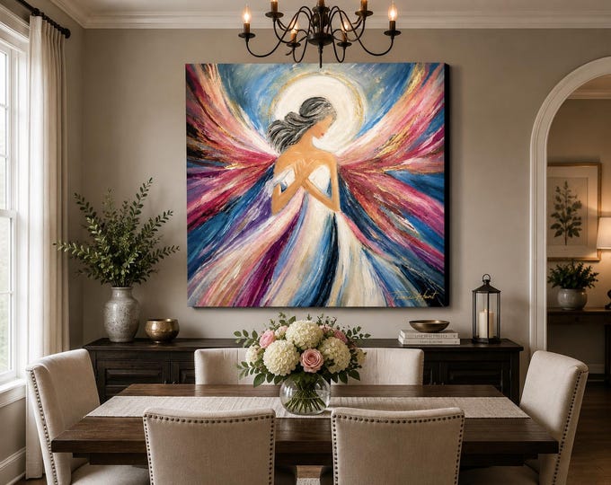 Colorful Angel Canvas Wall Art, Guardian Angel Painting, Christian Inspirational Decor, Pink Blue Spiritual Artwork by Teresa Hunt