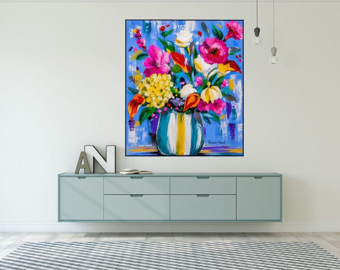 Original Abstract Floral Painting by Teresa Hunt | Colorful Blue Vase Flowers | Modern Acrylic Wall Art | Canvas & Fine Art Print