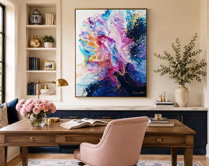 Colorful Abstract Wall Art, Navy Blue Pink Turquoise Painting, Gold Accent Giclée Print, Modern Canvas Art, Teresa Hunt Artwork