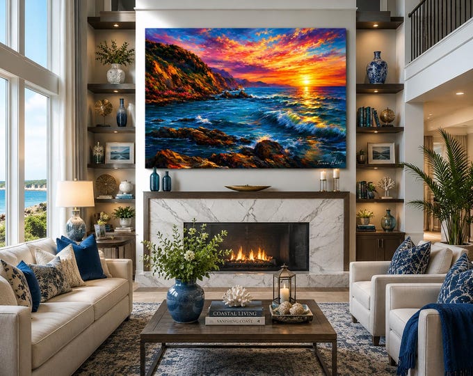 Colorful Coastal Sunset Wall Art Print, Ocean Landscape, Beach Painting, Seascape Canvas, Modern Coastal Decor, Blue Ocean Artwork