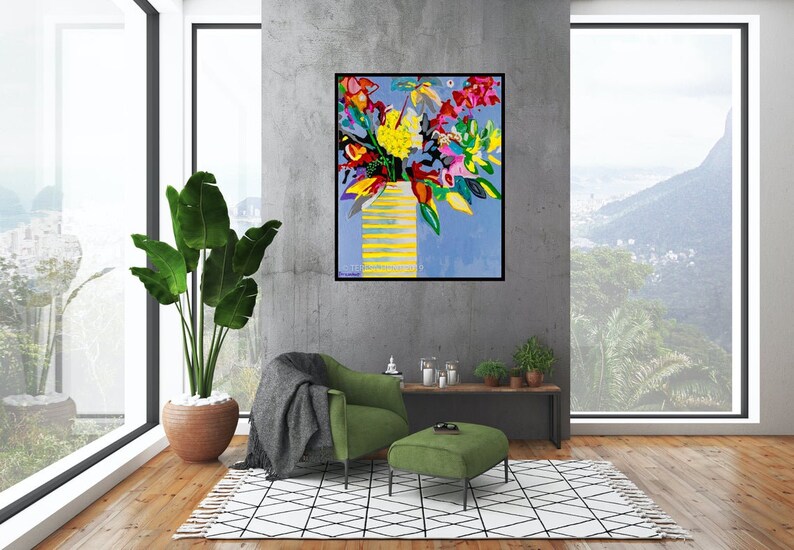 May include: A colorful abstract painting of a bouquet of flowers in a yellow vase on a blue background.
