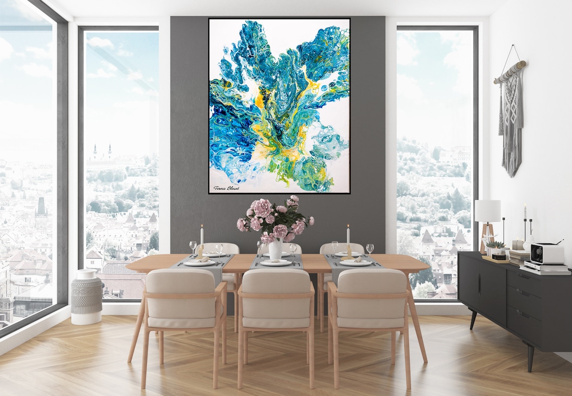 Blue and Yellow Abstract Wall Art, Turquoise and Mustard Wall Art Decor