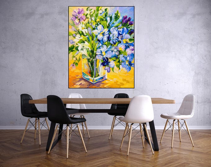 Blue Iris Floral Wall Art Print, Colorful Abstract Flower Painting by Teresa Hunt
