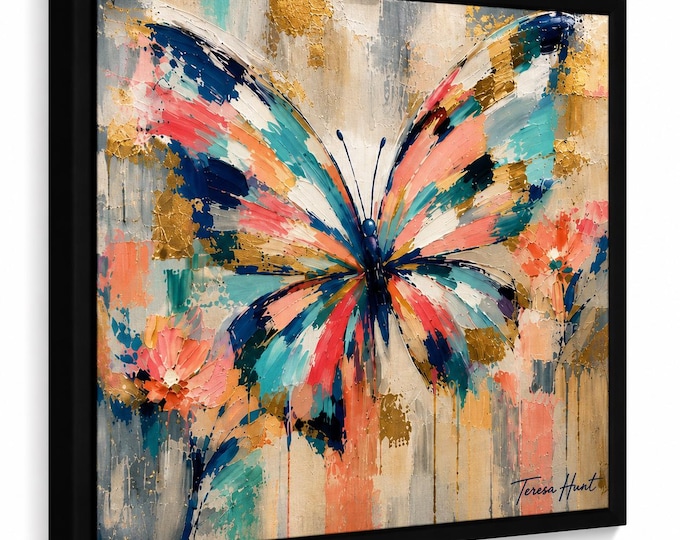 Abstract Butterfly Wall Art Print | Blush Pink Navy Blue Gold Canvas | Modern Coastal Decor | Contemporary Butterfly Artwork by Teresa Hunt