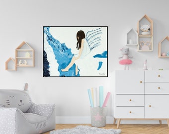 Original - ANGEL CLOUDS PAINTING - Lovely Angel Print - Angel Abstract Art - Mother Angel Print - Angel Wall Art - Kids Bedroom Décor