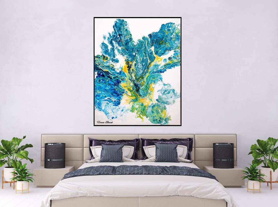 Blue and Yellow Abstract Wall Art, Turquoise and Mustard Wall Art Decor