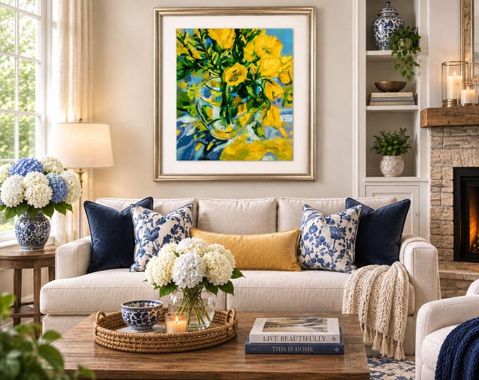 Yellow Floral Wall Art, Sunlit Garden Vase Print, Botanical Canvas Decor