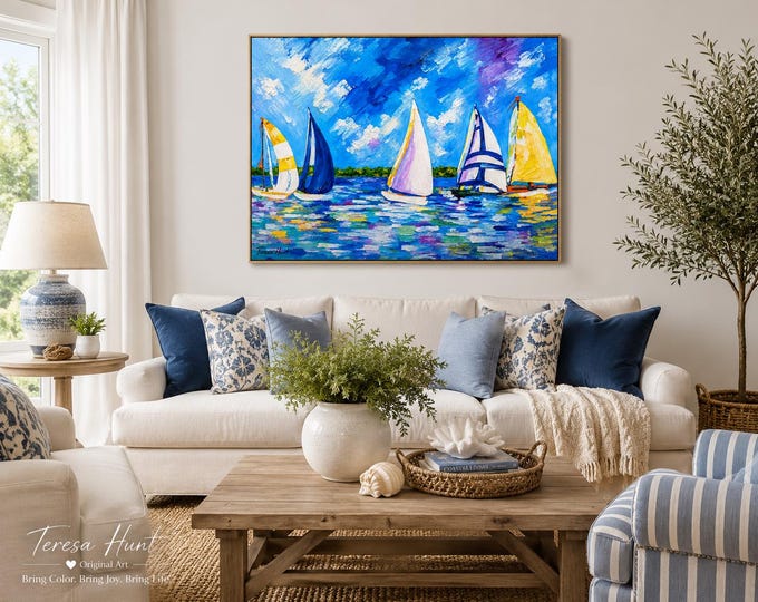 New Zealand Regatta Sailboat Painting, Colorful Coastal Wall Art, Nautical Lake House Decor, Sailing Artwork by Teresa Hunt