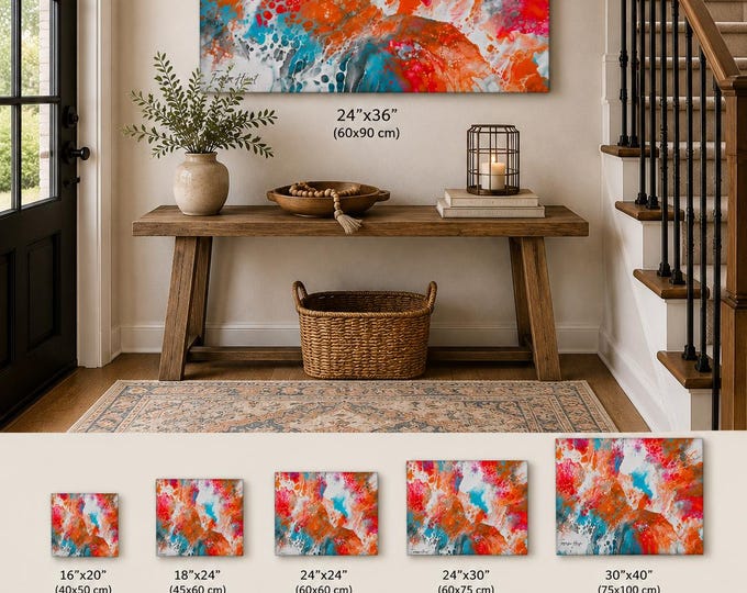 Ocean Waves Fluid Art Canvas Print: Teal & Orange Abstract Giclee