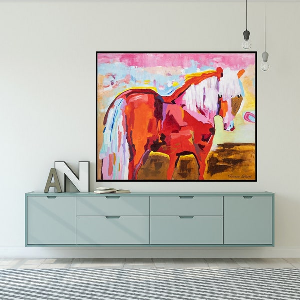 OIL HORSE PAINTING, Teresa Hunt Horse Watercolor Hand Painting Wall Art Print, Horse Portrait Painting for Sale,  Horse Wall Art Canvas Gift