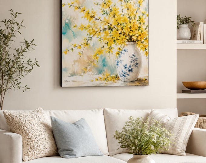 Yellow Forsythia Watercolor Print Blue  White Ginger Jar Wall Art Spring Floral Canvas Cottage Farmhouse Decor Botanical Art