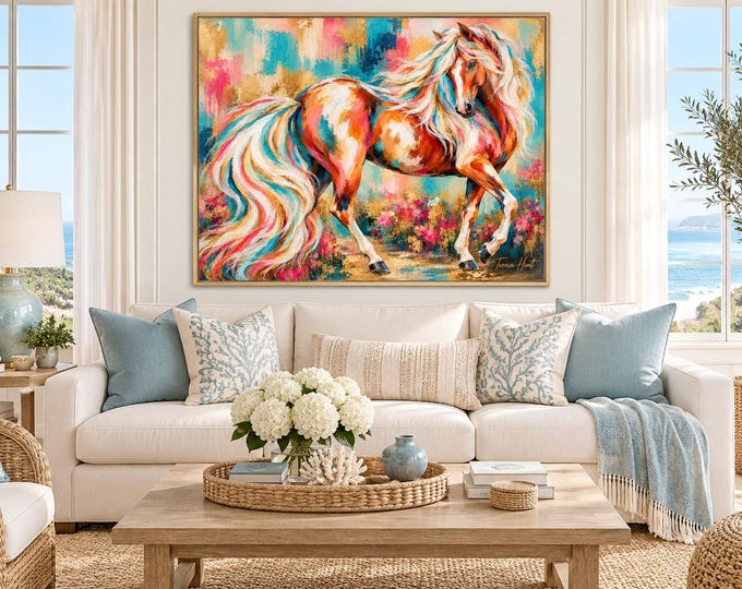 Wildhearted in Gold Horse Wall Art, Colorful Abstract Horse Painting, Turquoise Coral Gold Equine Print, Western Boho Wall Decor