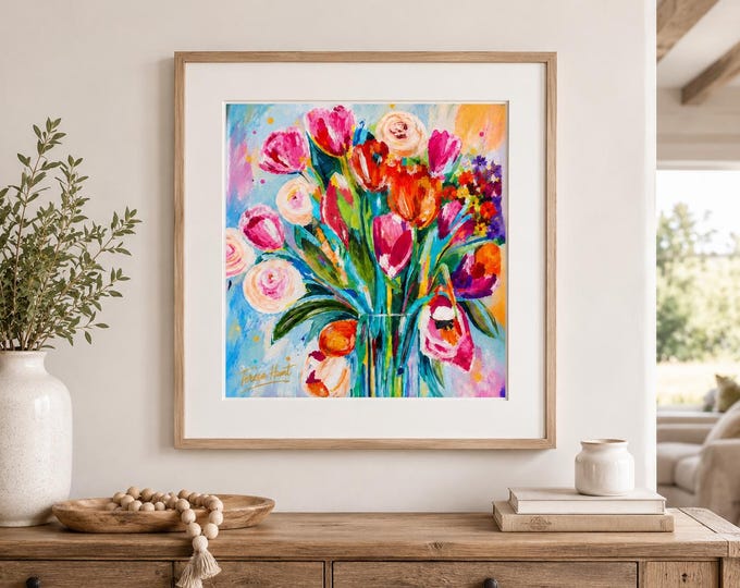 Colorful Abstract Floral Wall Art by Teresa Hunt, Bright Flower Print, Modern Farmhouse Decor, Botanical Canvas Art Pink Blue Orange Flowers