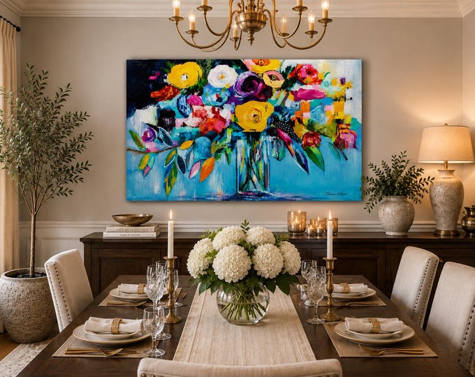 Colorful Abstract Floral Bouquet Print, Modern Bird Wall Art, Turquoise Flower Vase Canvas, Contemporary Botanical Decor by Teresa Hunt