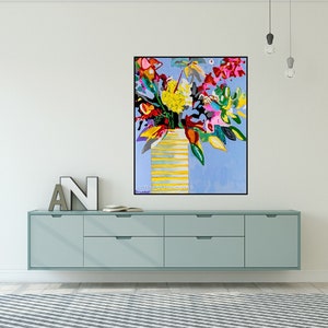 May include: A colorful abstract painting of a bouquet of flowers in a yellow striped vase against a light blue background.