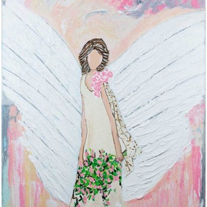 Angel Floral Art - Original Angel Wall Canvas - Christmas Angel Decor - Abstract Protection Painting for Bedroom Wall