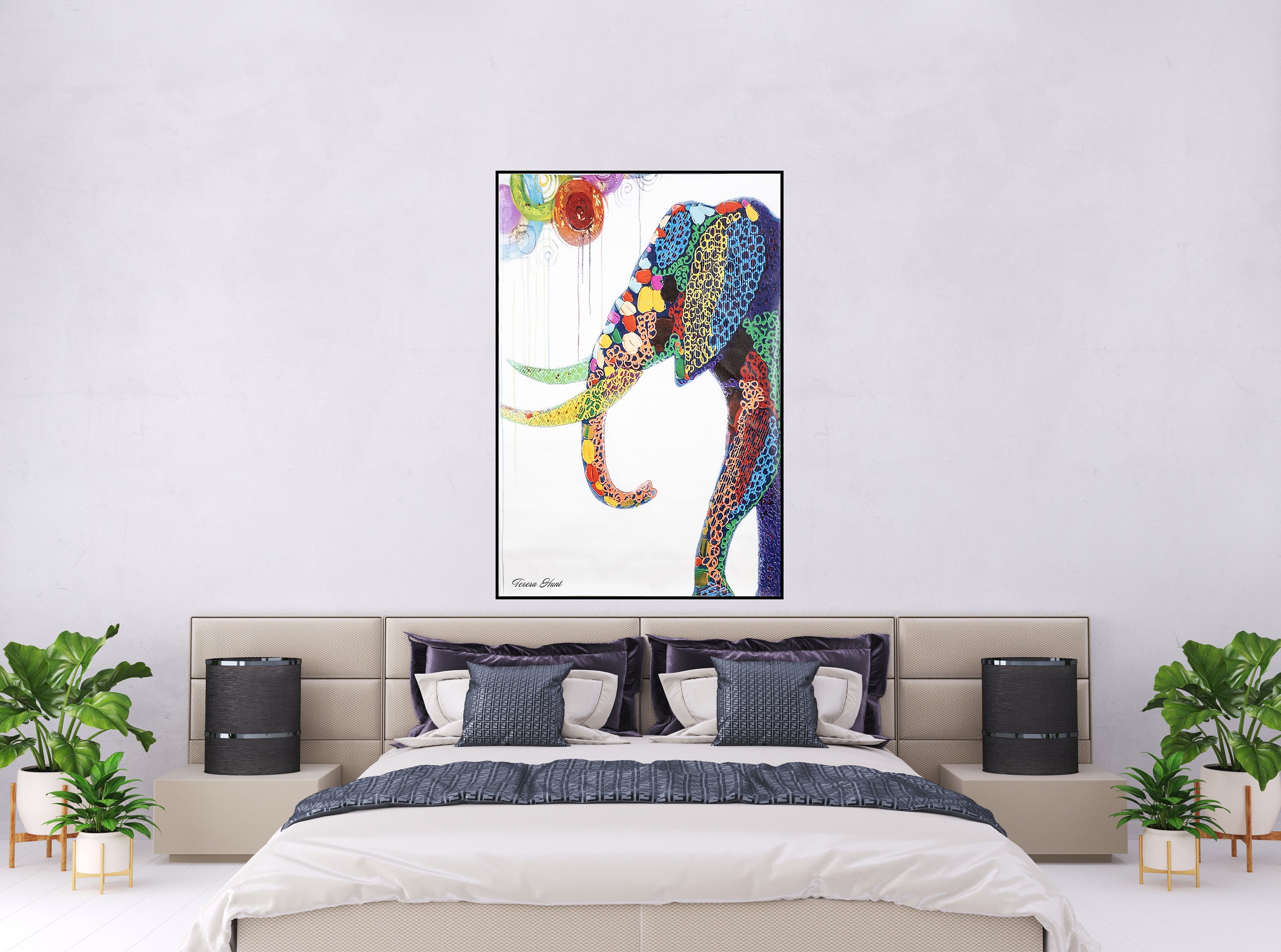 Grote abstracte kunst olifant: kleurrijke handgemaakte aquarel - Etsy België, image size:3000x2229