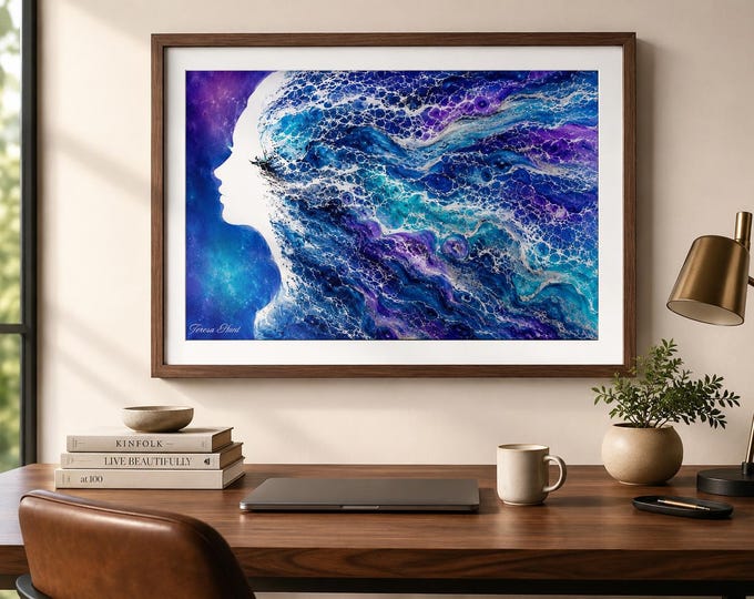Abstract Ocean Woman Art Print | Blue Fluid Acrylic Wall Art | Coastal Contemporary Decor | Modern Feminine Canvas | Teresa Hunt