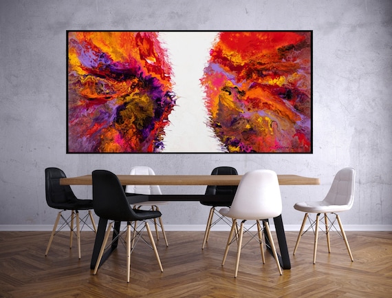 抽象画 オレンジと紫のキャンバス オレンジと紫の抽象キャンバスプリント：モダン流体アートジクレー