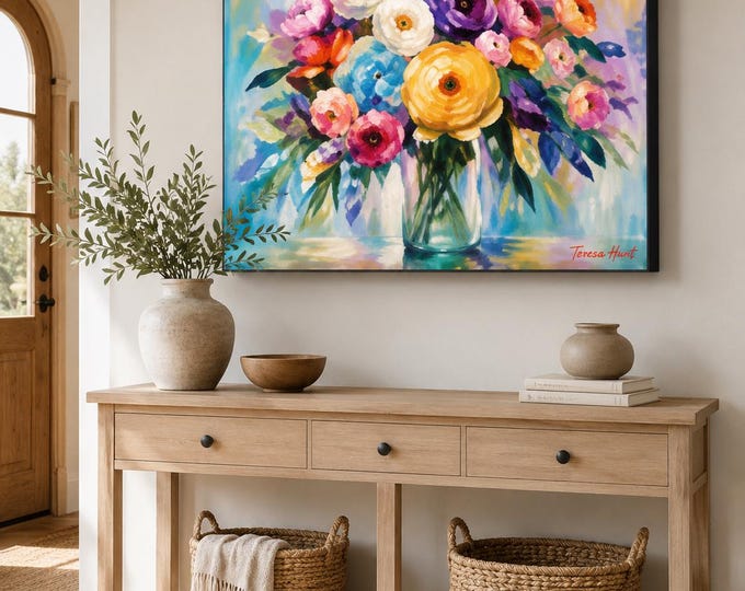 Abstract Floral Bouquet Print with Bird, Colorful Modern Flower Wall Art, Turquoise Botanical Canvas, Contemporary Home Decor by Teresa Hunt