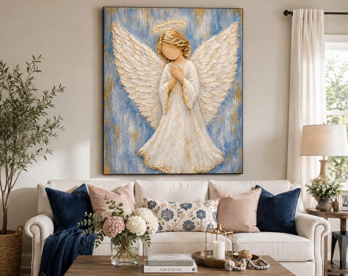 Blue  Gold Praying Angel Wall Art Christian Angel Print Guardian Angel Canvas Faith-Inspired Nursery Decor Memorial & Baptism Gift
