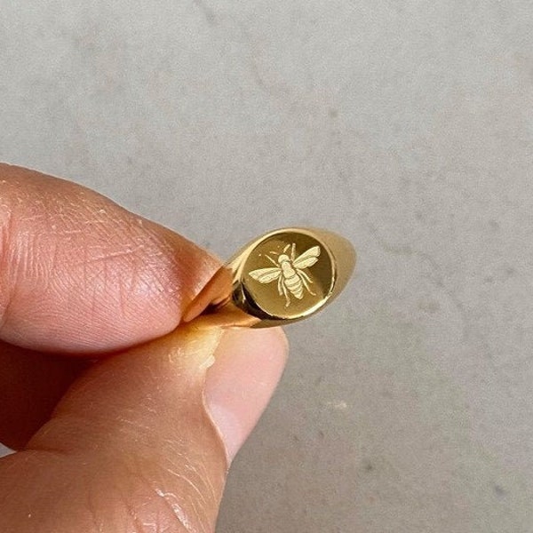 Engraved Bee Signet Pinky Ring, Gold Plated Sterling Silver