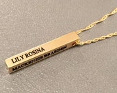 Personalized Bar Necklace, Gold 3D Cube Bar Necklace, Engraved Vertical Bar, 4 Sided Engraved Pendant, Dainty Minimalist 3D Bar