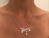 Name Necklace, Personalized Name Necklace, CZ Silver Nameplate, Daughter Gift, CZ Hamsa, Best gift for girls, Nameplate -Personalized Name
