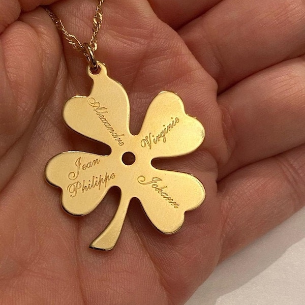 Clover Necklace, Personalized Names Necklace, Four Leaf Necklace, Ireland clover necklace, Engrave Necklace, mom necklace, 4 Hearts Clover