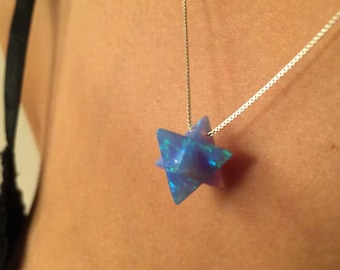 Merkaba Necklace, Opal Merkaba Necklace, Blue opal pendant, Kabbalah Jewelry, Silver Star of David necklace,  3D Star of David Necklace