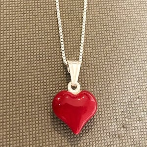 Red Puffy Heart Necklace – Sterling Silver 925 with Red Enamel – Gold Heart Pendant – Handmade Gift for Her – Dainty Everyday Jewelry